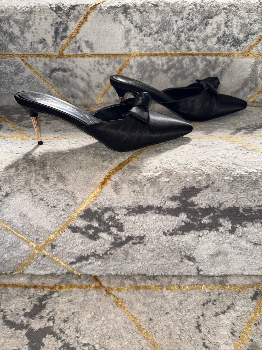 Black Satin Pointed Toe Knot Slide Mule Heels - Picture 3 of 5